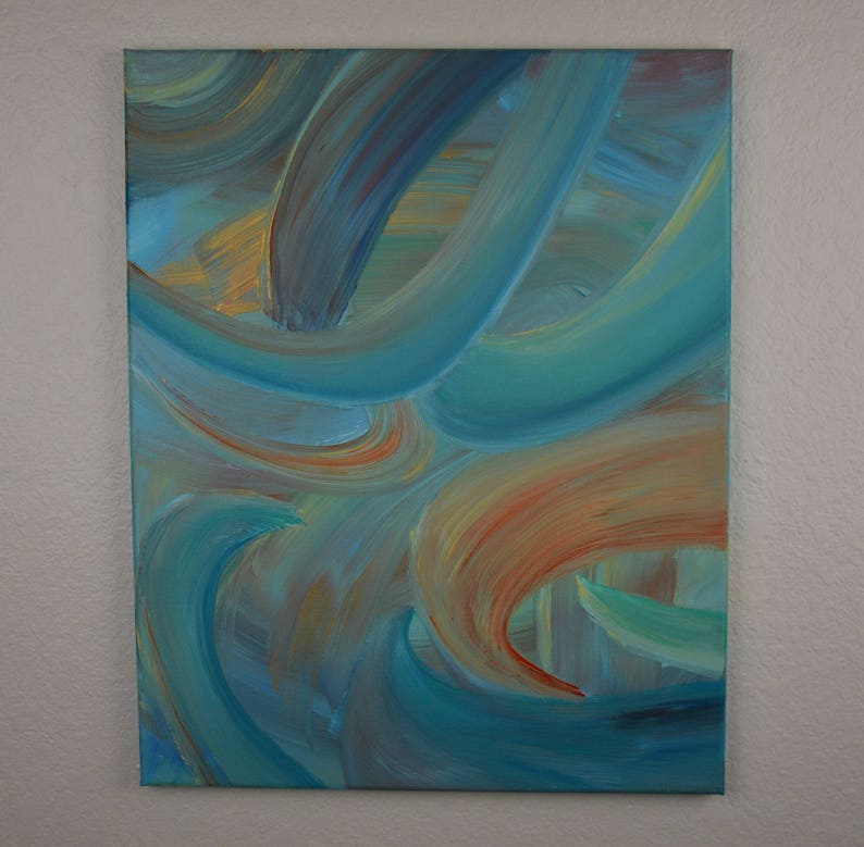 May include: Abstract painting with swirling blue, green, and orange brushstrokes. The painting has a textured, layered look, with the colors blending together.