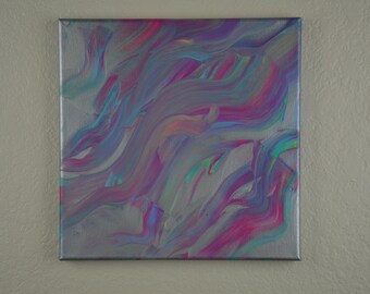 May include: Abstract painting on canvas with swirling silver, pink, blue, and green colors.