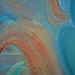 May include: Abstract painting with swirling brushstrokes in shades of blue, orange, and yellow.