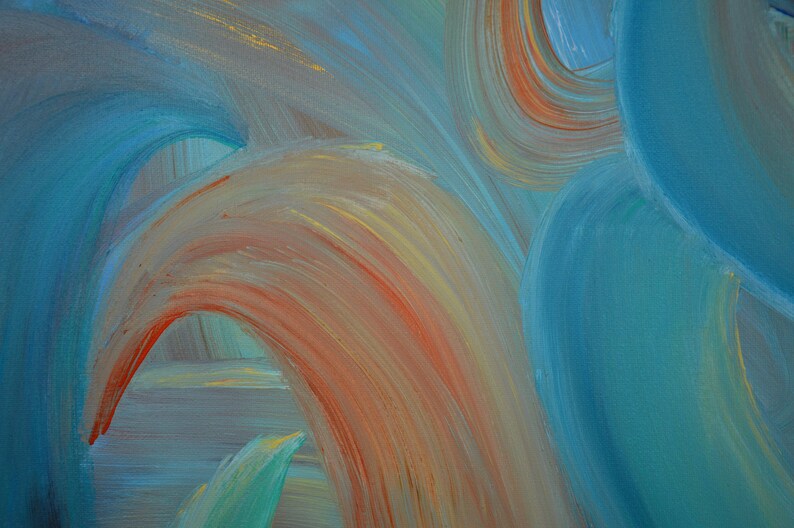 May include: Abstract painting with swirling brushstrokes in shades of blue, orange, and yellow.