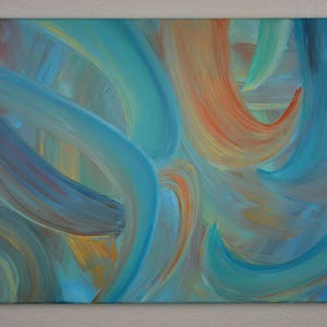 May include: Abstract painting with swirling lines in shades of blue, teal, orange, and yellow.