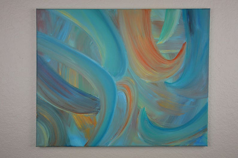 May include: Abstract painting with swirling lines in shades of blue, teal, orange, and yellow.