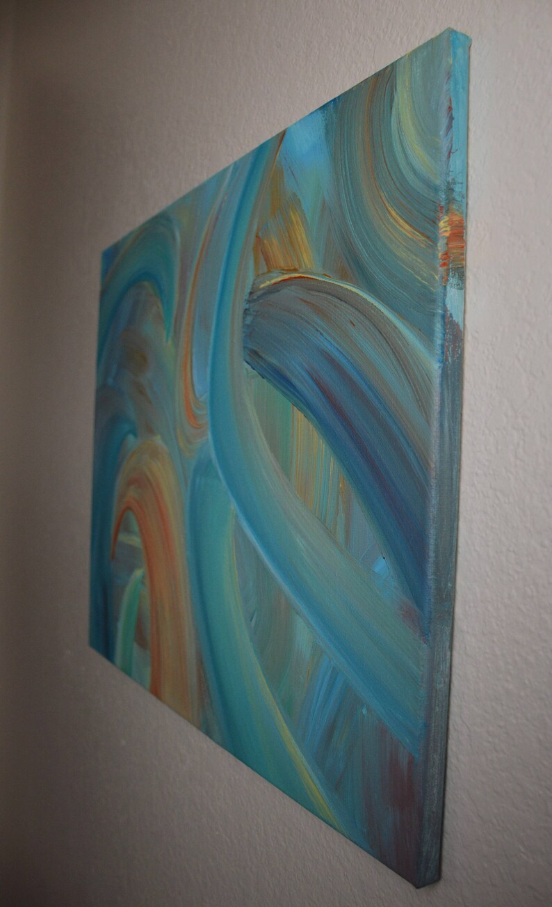 May include: Abstract painting on canvas with swirling blue, green, and orange brushstrokes.