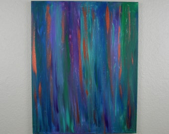 May include: Abstract painting with vertical brushstrokes in shades of blue, green, purple, and copper.