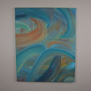 May include: Abstract painting with swirling blue, teal, and orange brushstrokes. The colors blend together to create a sense of movement and energy.