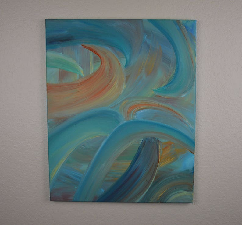 May include: Abstract painting with swirling blue, teal, and orange brushstrokes. The colors blend together to create a sense of movement and energy.