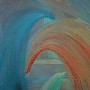 May include: Abstract painting with brushstrokes in shades of blue, green, orange, and yellow. The colors blend together to create a sense of movement and depth.