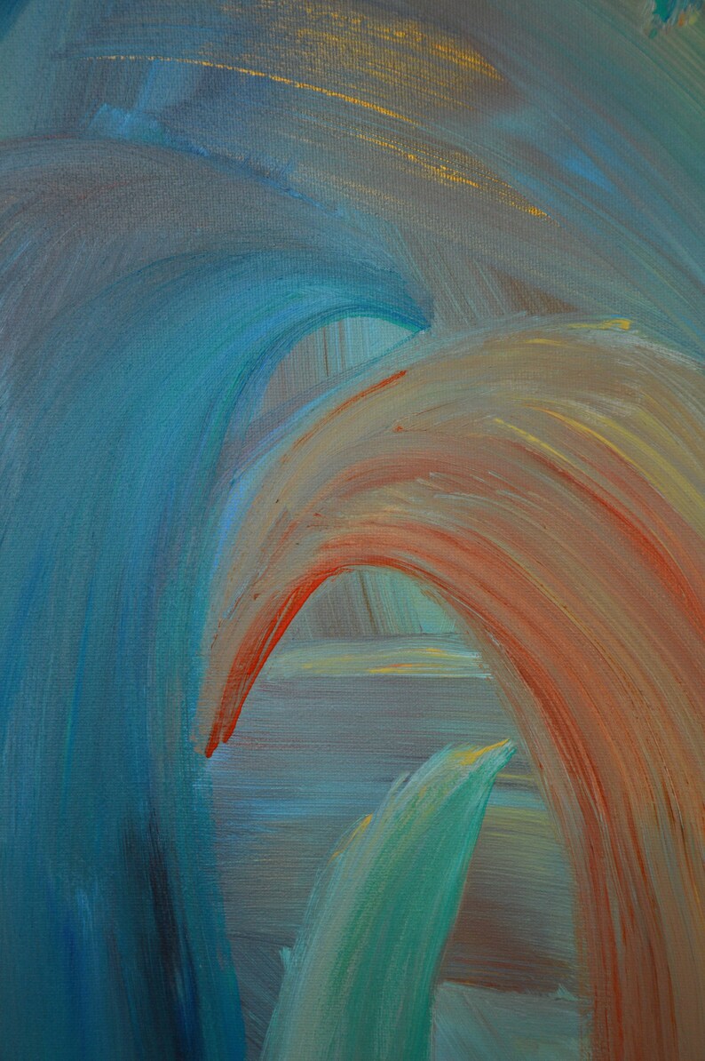 May include: Abstract painting with brushstrokes in shades of blue, green, orange, and yellow. The colors blend together to create a sense of movement and depth.