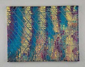 May include: Abstract painting on canvas with a yellow, blue, purple, and gray color scheme. The paint is applied in a swirling, marbled pattern, creating a dynamic and textured effect.