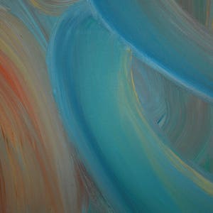 May include: Abstract painting with swirling brushstrokes in shades of blue, orange, and yellow.