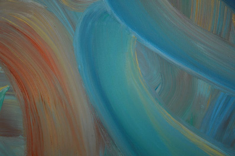 May include: Abstract painting with swirling brushstrokes in shades of blue, orange, and yellow.