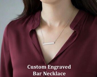 Silver Personalized Bar Necklace • Custom Name Plate • Stainless Steel • Includes Both Sides