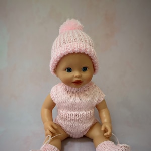 024 Hand Knit romper, hat and bootees for 14 inch baby doll