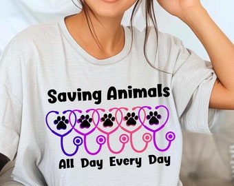 Saving Animals Paw Print Stethoscope T-Shirt, Vet Tech Gift