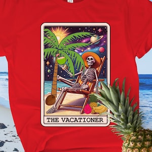 Camisa de tarot de vacaciones, Esqueleto de tarot, Carta de tarot, Vacaciones de verano, Playa salada, Regalo tropical, Adivino, Esqueleto divertido, Vagabundo de playa