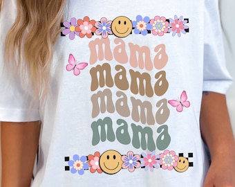 Camiseta Boho Mama, Camiseta Retro con Carita Sonriente para Mamá, Estilo Hippie