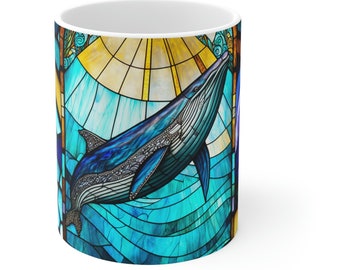 Humpback Whale Ceramic Coffee Mug, Stained Glass Ocean Design