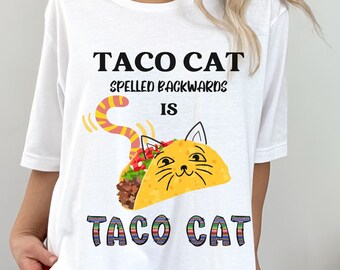 Camiseta con el gato taco escrito al revés, camiseta divertida para amantes de los gatos
