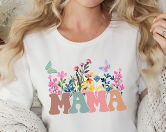 Camiseta Floral Mama, Diseño Retro de Flores Silvestres, Camiseta Boho para Mamá