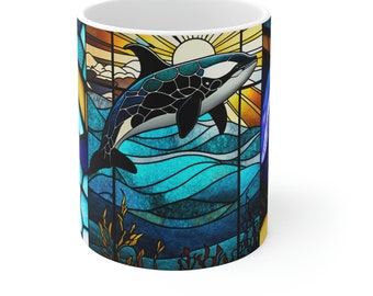 Orca Ceramic Coffee Mug, Stained Glass Ocean Design