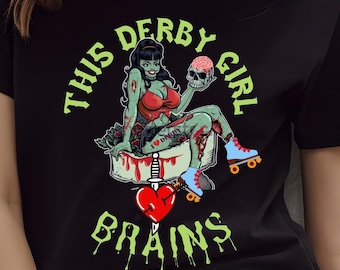 Roller Derby Girl T-Shirt, Halloween Derby Girl, Roller Derby Zombie, Roller Skate, Jammer, Blocker, I Love Roller Derby, Zombie Derby Girl