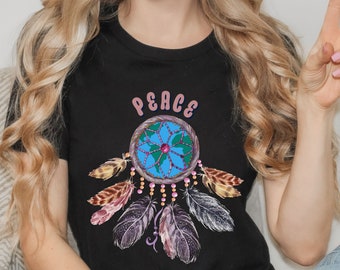 Koszulka z łapaczem snów Peace, koszulka w stylu retro hipisowskim boho