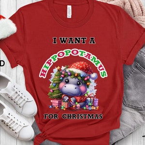 Camiseta engraçada de hipopótamo de Natal, camiseta de feriado de hipopótamo, presente engraçado de Natal, hipopótamo fofo de Natal, Moo Deng, presente para amantes de hipopótamos, camiseta para amantes de animais