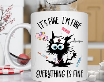 Funny Stressed Nurse Mug, Black Cat Gift, 15oz Ceramic