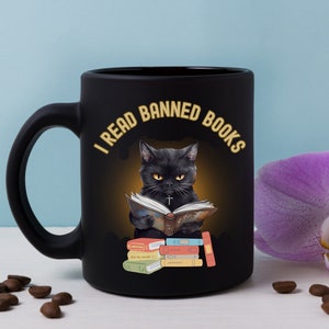 Ik lees verboden boeken zwarte mok, boekenliefhebber koffiemok, geen censuur, ik lees wat ik wil koffiekopje, geen boek verbiedt keramische mok, katten en boeken