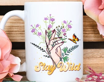 Taza de café de cerámica "Stay Wild", diseño floral de flores silvestres