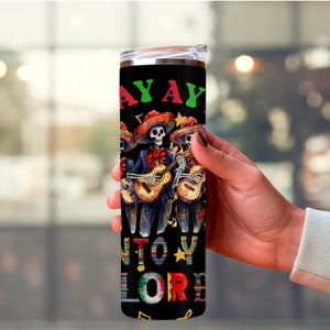 Vaso delgado con pajita del Día de los Muertos, Día de los Muertos, Calavera, Música mexicana, Calaveras de azúcar, Esqueletos lindos, Halloween, Regalo latino