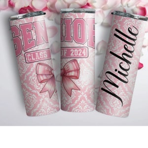 Personalized Coquette Senior 2024 Skinny Tumbler With Lid & Straw, Custom Gift For Graduate, Girly Graduation Gift, Pink Graduate Gift