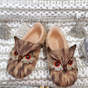 Owl slippers mens-woolen slippers-felt- slippers-woolen clogs-felt clogs-owl clogs-warm shoes-autumn comfortable slippers-winter