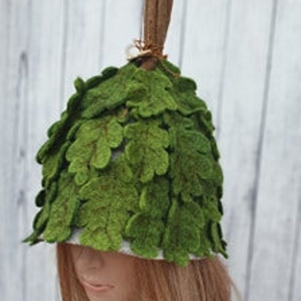 For a bath an oak broom. Woolen unisex hats. Felt hat Funny hat Gift. Sauna hat. Natural wool
