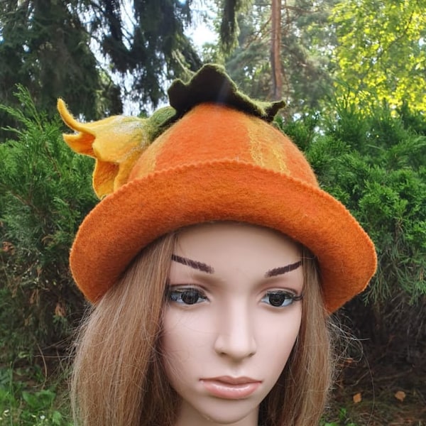 Pumpkin .Wool womens hats Felt hat Felt hat Funny hat Gift for him Pixie hat Fairy hat Sauna-hat.Natural wool
