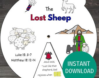 The Lost Sheep Coloring Wheel, Sunday School Lesson, Parable of the Lost Sheep Craft, Bible Story Activity for Kids