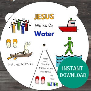 Puede incluir: Un gráfico educativo circular blanco con el texto «JESÚS camina sobre el agua». Presenta ilustraciones de personas, un barco, sandalias y un barco. El texto «DESCARGA INSTANTÁNEA» está en un círculo verde. También se incluye Mateo 14: 22-33.