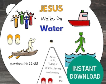 May include: A white, circular educational graphic with the text "JESUS Walks On Water." It features illustrations of people, a boat, sandals, and a ship. The text "INSTANT DOWNLOAD" is on a green circle. The Bible verse Matthew 14: 22-33 is also included.