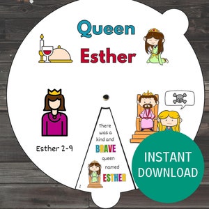 Rueda para colorear de la reina Ester, manualidad de escuela dominical imprimible, actividad de la historia bíblica de Purim, manualidades religiosas
