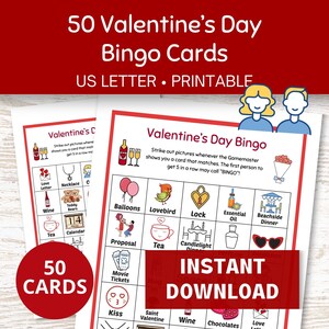 Valentinstag Bingo Karten, 50 druckbare Bingo Karten PDF, Familien und Kinder Valentinstag Aktivitäten, Klassenzimmer Spiele