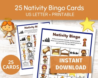 Nativity Bingo for Kids and Adults, 25 Printable Nativity Bingo Cards, Christmas Games for Family