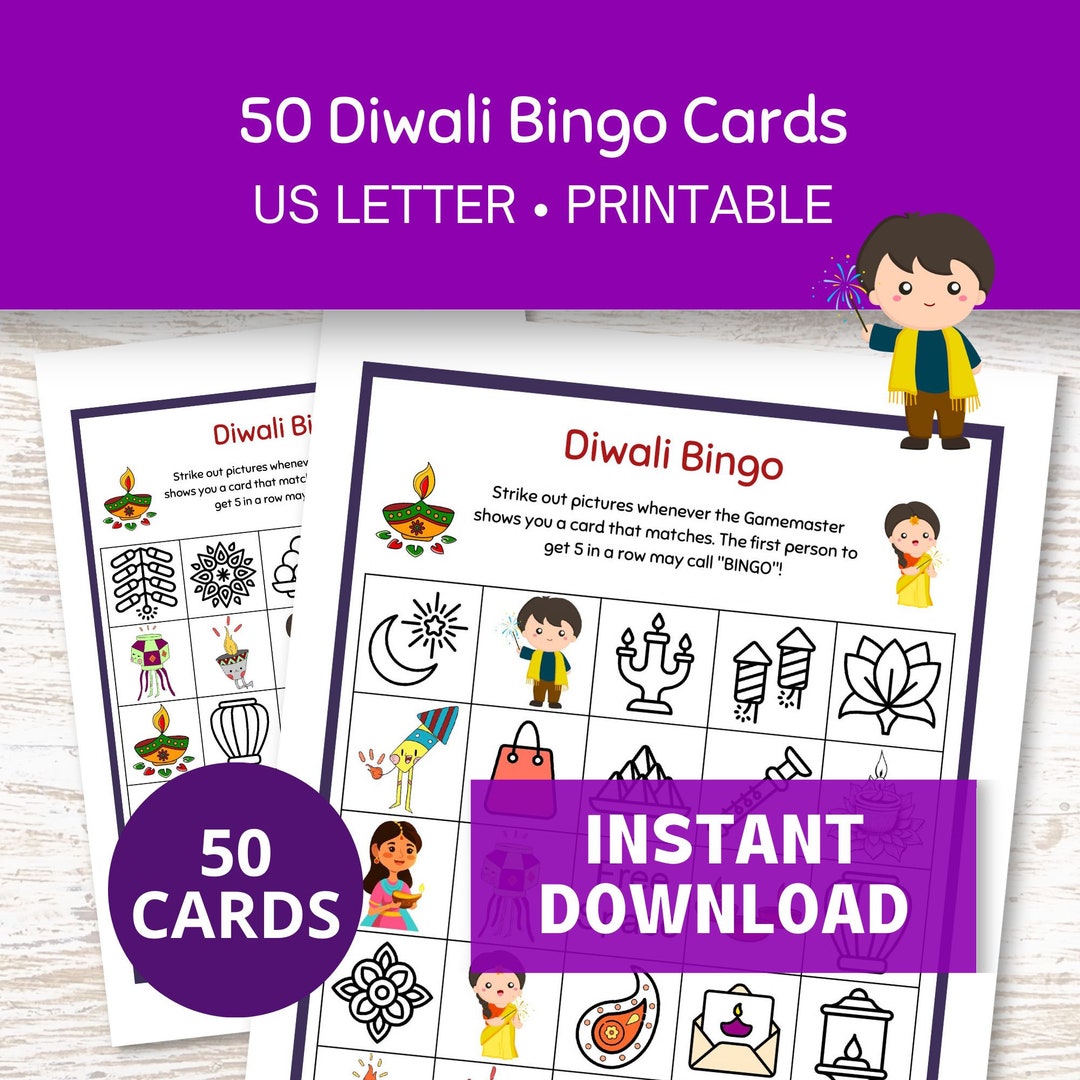 Diwali Bingo Game Printable 50 Holiday Bingo Cards PDF Diwali Kids