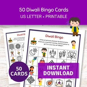 ディワリ ビンゴ ゲーム 印刷可能、50 枚のホリデー ビンゴ カード PDF、ディワリの子供向けアクティビティとゲーム、アイスブレーカー ビンゴ