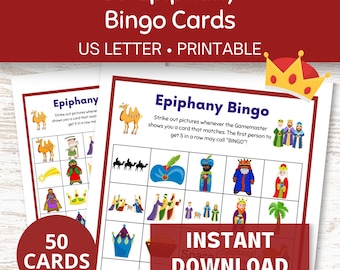 Epiphany Bingo Cards, 50 Bingo Printable Cards for Three Kings Day, Holiday Bingo 50 Cards