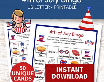 4th of July Bingo Cards Printable, 50 Patriotic Bingo Cards, Independence Day Bingo Games for Kids and Families
