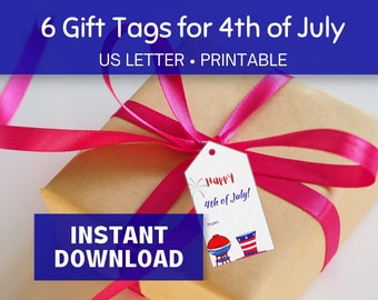 4th of July Gift Tags Printable, Set of 6 Gift Tags, Labels for US Independence Day