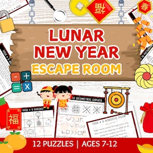 May include: A colorful illustration of a Lunar New Year escape room game for ages 7-12. The image features a wooden background with Chinese characters, a gong, and a red envelope. There are 12 puzzles included in the game.