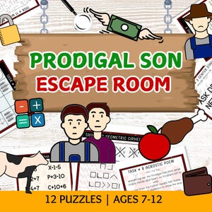Könnte beinhalten: Ein Escape Room-Spiel mit dem Titel "Prodigal Son Escape Room" mit dem Text "12 Puzzles | Ages 7-12". Das Bild zeigt Illustrationen einer Kuh, eines Apfels und anderer Puzzleteile. Der Titel des Spiels ist grün und rot.