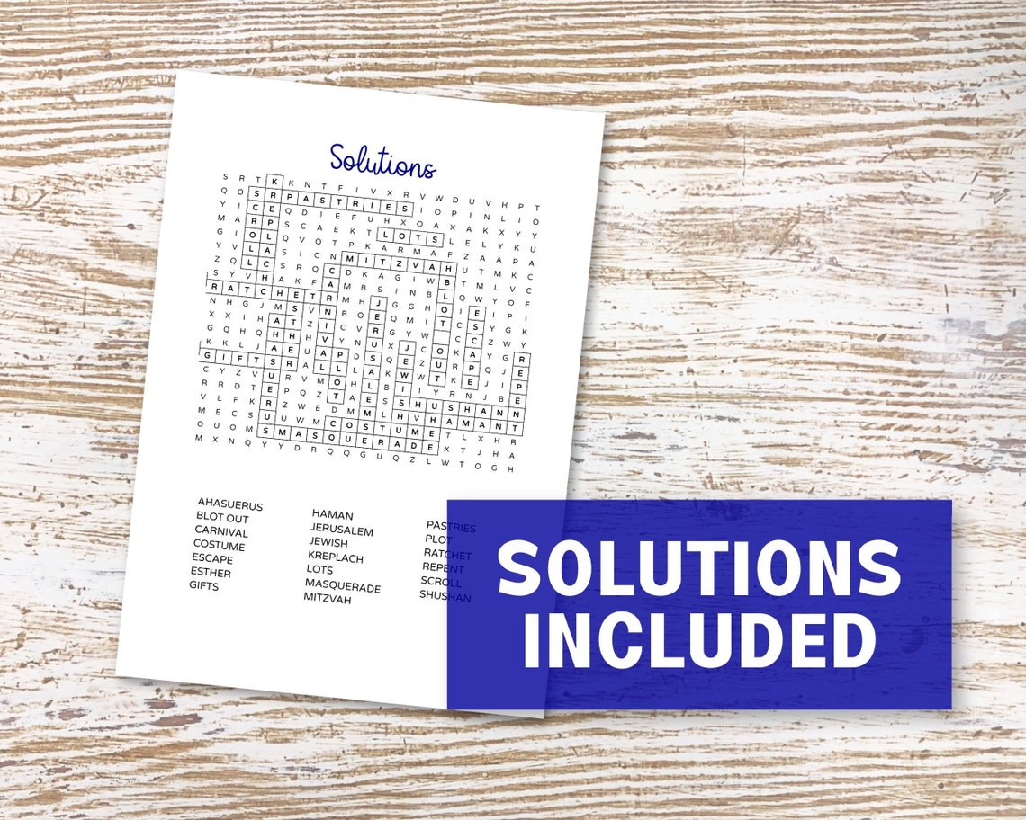 Purim Word Search Printable, Party Games for Family, 2 Printable Word ...