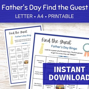 Juegos del Día del Padre, Imprimible Encuentra al Invitado, Bingo Humano en tamaños Carta y A4